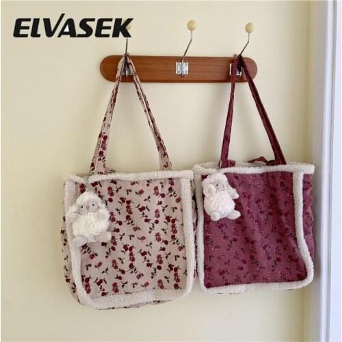 Women Rose Plush Student Shopping Bag 2021 Retro Canvas Handbag Tote Large Capacity Shoulder Bags Cute Book Bags For Girls