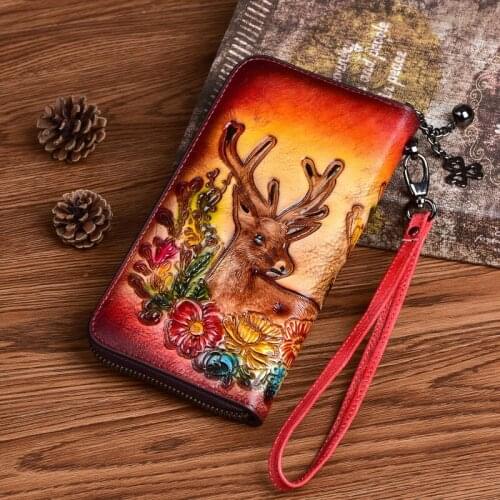Womens Genuine Leather Wallets Deer Head Embossed Retro Card Holder Long Zipper Wallet Personalized Phone Purse