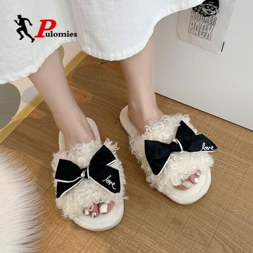 Pulomies Wintes Women Slippers Casual Warm Soft Plush Antiskid Home Flip Flops Bowknot Fashion Cute Animals Shoes For Women