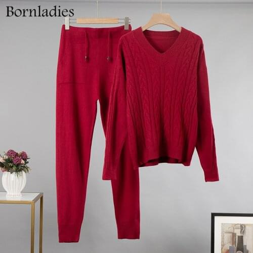 Bornladies Loose Two Piece Women Autumn Knitted Tracksuits Winter Cashmere V Neck Sweater + Harem Pants 2 Piece Warm Set Outfits