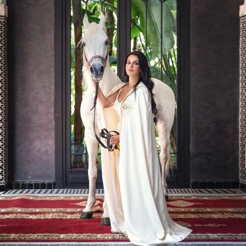 White Elegant Exquisite Moroccan Caftan Summer Dress Applique Crustals A-Line Floor Length V-Neck Spaghetti Strap Prom Dress