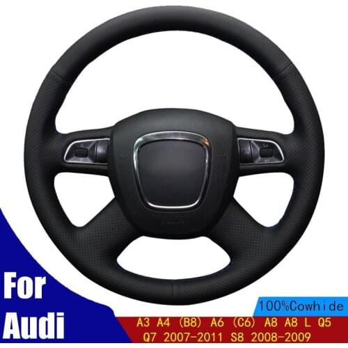 DIY Car Steering Wheel Cover Black PU Genuine Leather For Audi A3 A4 (B8) A6 (C6) A8 A8 L Q5 Q7 2007-2011 S8 2008-2009