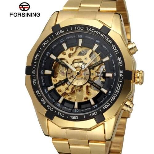 Forsining Brand Silver & Gold Luxury Stainless Steel Waterproof Mens Skeleton Watches Transparent Mechanical Male Wrist Watch