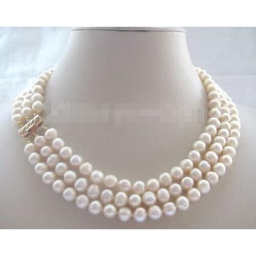 Beautiful 17-19" 3row 9mm cream flaw round freshwater pearl necklace Factory Wholesale price Women Gift word Jewelry