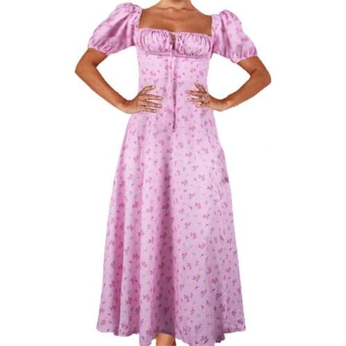 Summer Women Dresses Floral Print High Split Puff Short Sleeve Square Neck Midi Dress Streetwear Elegant Beachwear Party Dresses