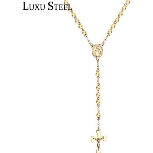 LUXUSTEEL Stainless Steel 6mm Gold Ball 65cm+10cm Long Beaded Chain Necklaces Fashion Cross Jewelry For Women/Men Daily Wear
