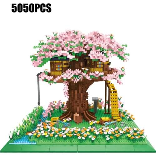 City street view micro diamond block sakura treehouse assembly building bricks streetscape Cherry tree house toys for kids gifts