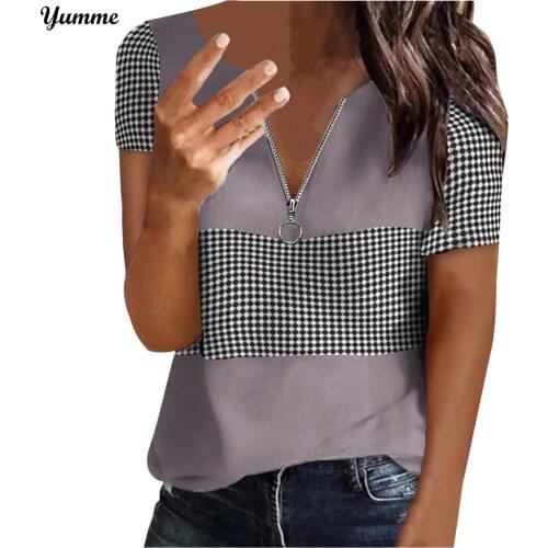 Fashion Short Sleeve T-Shirt Women Casual Patchwork Zipper V-Neck Oversized T Shirt Vintage Graphic Tee Camiseta Mujer #LR4