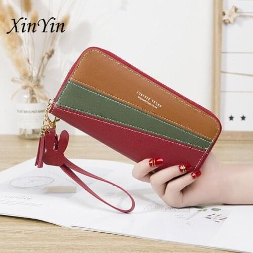 Fashion zipper long splicing contrast wallet women purses tassel fashion coin purse cute ladies phone wallets card holders