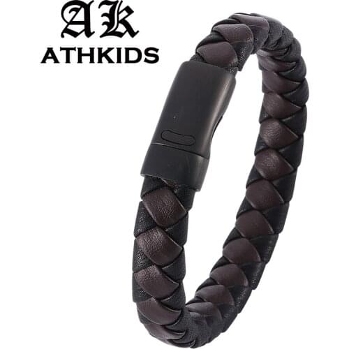 Trendy Brown Black Braided Leather Bracelet Mens Handmade Bracelet Black Stainless Steel Magnetic Clasps Men wholesale PD0023