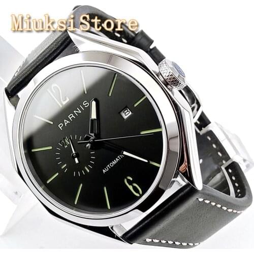 Parnis 43mm Mens Top Mechanical Watch Silver Case Sapphire Glass Leather strap 21 Jewels Miyota Movement Automatic Mens Watch
