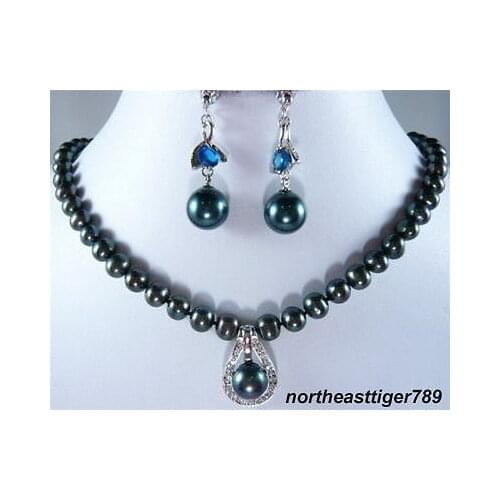 Nobility jewelry choker Real Black Pearl Blue Cubic Zirconia Clasp Pendant Necklace Earrings Set -jewelry