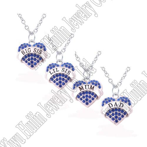 New Arrival Family Member Jewelry Big Sis Lil Sis Mum Dad Crystal Heart Matching Necklaces Set For Kinsfolk Gifts(4 PCS/Set)