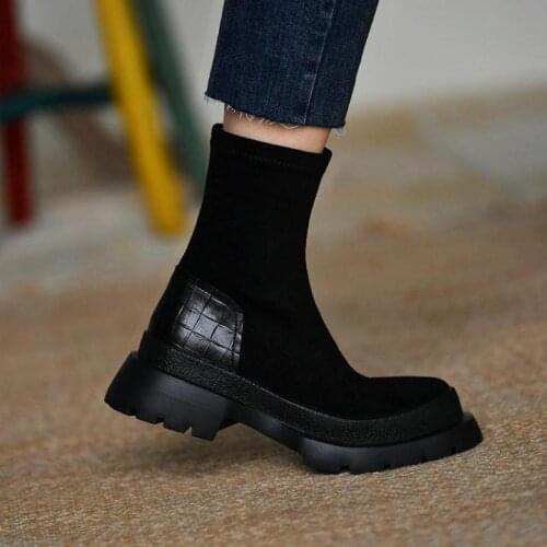 New Female Fashion Slip On Low Heel Sewing Flock Platform Boots Womens Casual Comfortable Style Black Shoes