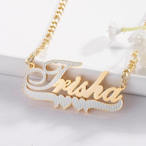 Custom Nameplate Necklace 3D Pendant Necklace Personalized Two-Tone Double Layer 18k Gold Plated Custom Name Jewelry For Women