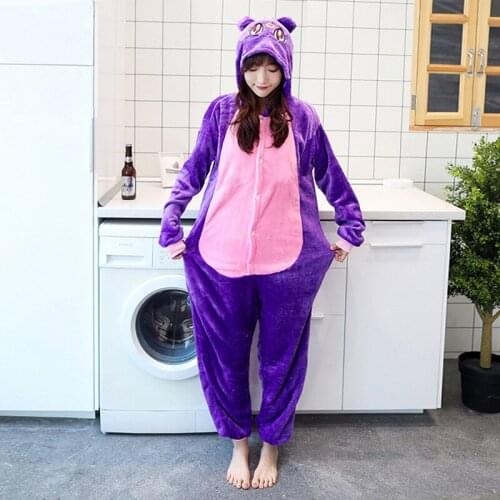 2020 Adults Animal Pajamas Cartoon Sleepwear Purple Moon Cat Pajamas Sets Anime Kigurumi Women Men Warm Flannel Hooded