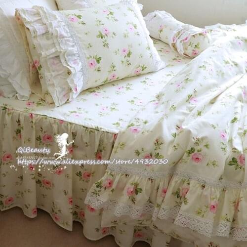 Pastoral Style Princess Floral-Print Flounced Bedding Article 100% Cotton Comforter Bedding Sets KING Twin Lace Edge