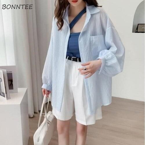 Shirts Women Plus Size Summer Fashion Striped Loose Long Sleeve Sunproof Tops All-match Ulzzang Streetwear College Elegant Chic