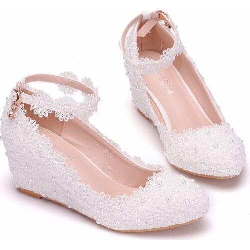 Wedding Shoes Flowers Heels Crystal Pumps Christmas Day Evening Party Luxury Satin White lace pearl wedge heels Heel Plus Size
