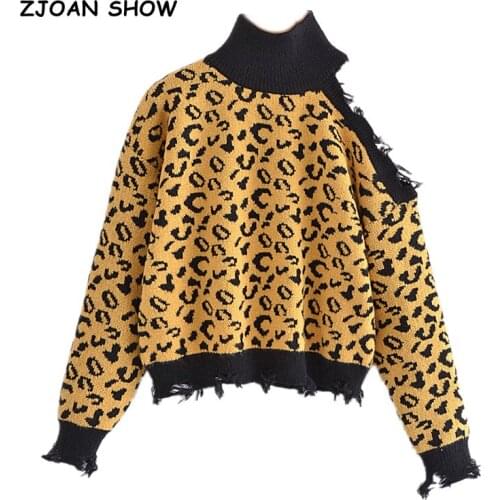 2021 Vintage Contrast Color Tassel Leopard Knit Turtleneck Sweater Women Single Shoulder Long sleeve Pullovers Jumper Knitwear