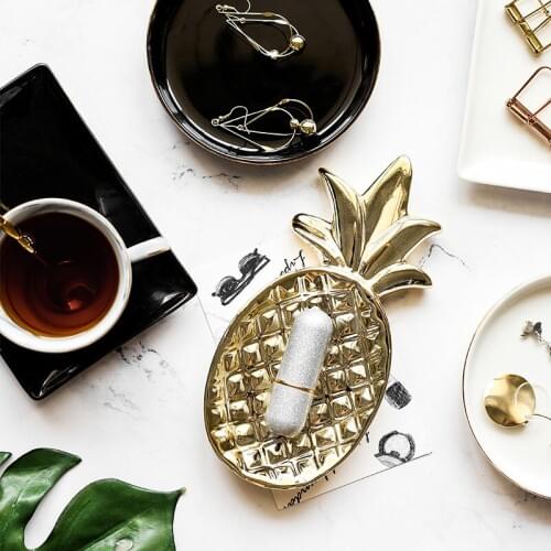 Leaves Jewelry Dish Gold Silver White Black Earrings Ring Decorative Plate Dessert Tray Bowls Ceramic Pineapple