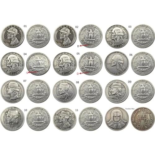 US Hobo Mix 12pcs Different Types Washington Quarter Dollars Faceless Man skull zombie skeleton Silver Plated Copy Coins