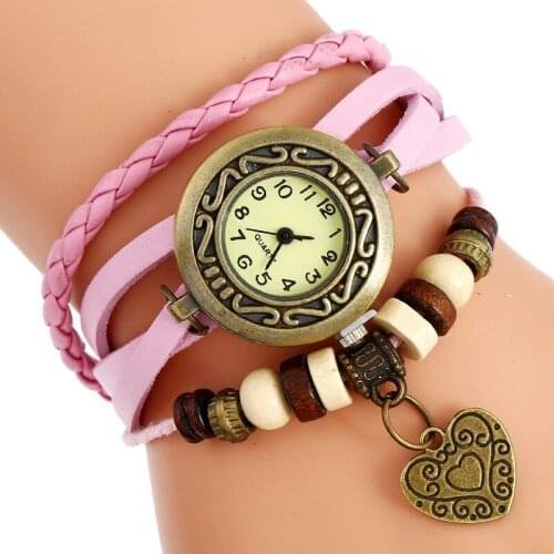 Gnova Platinum Genuine Leather Women Watch Bronze Vintage Heart Charm Bracelet Quartz Wristwatch Ethnic School Girl Student A940