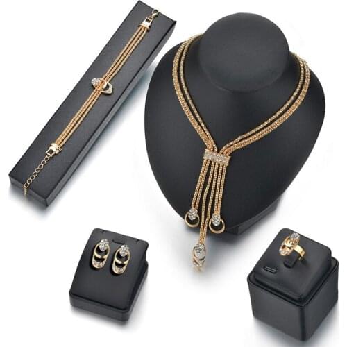 Gold Jewelry Cubic Zircon Crystal Necklace Earrings Bracelets Sets For Women Bridal Elegant Lady Wedding Jewelry Set ST200010