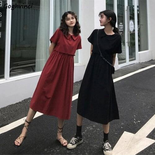 Women Short Sleeve Dress Solid Simple Peter Pan Collar High Waist Slim Loose Ruffles Students Elegant Sweet All-match Daily Date