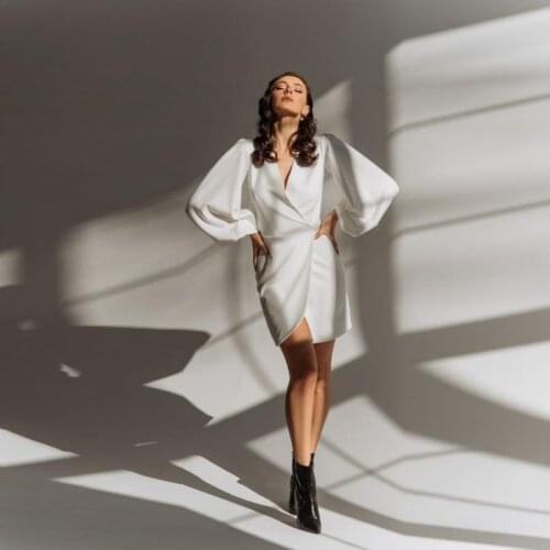 Women Vintage Front Cross Lantern Sleeve Mini Dress Deep V Neck Sheath High Waist Irregular Solid Casual Dress 2021 Women Dress