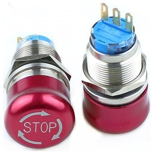 1PCS 19mm STOP Pattern Flat Round Stainless Steel Metal Emergency Stop Button Switch Push Lock Turn Reset Colour Red 3 pin