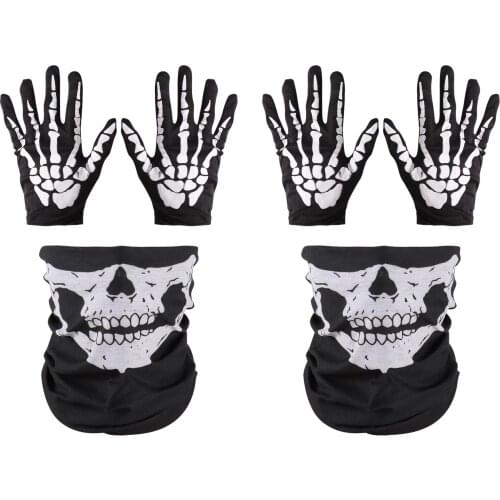 2 Sets Halloween Skeleton Bandana Gloves Skull Halloween Cosplay Props Horror Face Mask Cycling Ghost Scarf Half-Finger Gloves