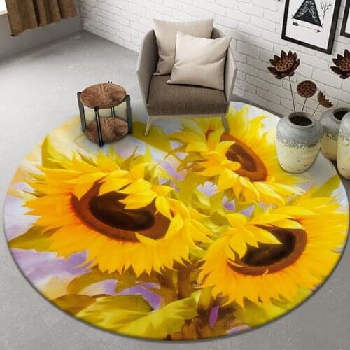 3D Plant Floral Sunflower Printed Bedroom Rug Home Floor Area Rug Doormat Flannel Anti-slip Chair Mat Round Living Room Carpets