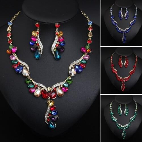 Ashion Statement Women Bridal Water Drop Crystal Choker Bib Necklace Pendant Earrings Wedding Party Jewelry Gift Set Accessory