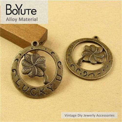 BoYuTe (60 Pieces/Lot) 25MM Flower Leaf Charms Lucky Clover Shaped for Jewelry Making Antique Bronze Plated Diy Accessories
