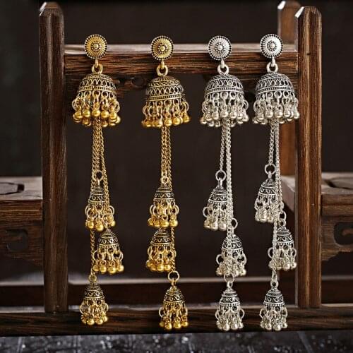 Ethnic Womens Silver Color Peacock Indian Jewelry Gypsy Vintage Ethnic Boho Tribe Bell Tassel Drop Earrings Jhumka Earrings