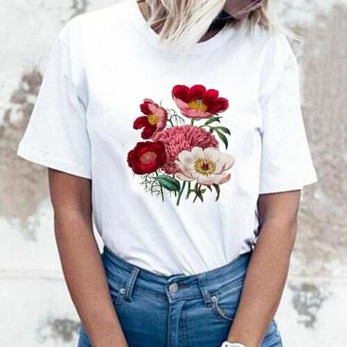 Elegant Floral Flower Print T Shirt Women Tops Summer Short Sleeve Fashion Tee Shirt Femme Casual Harajuku Shirt Camiseta Mujer