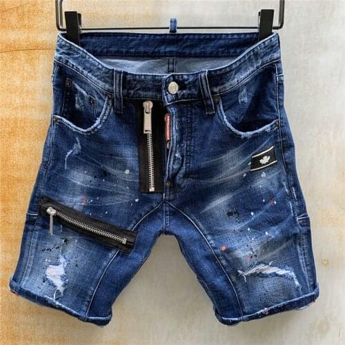 Summer New Dsquared2 Jeans Fashion Slim Fit Washed Zipper Dark Shorts Mens Ripped Five-Point Pants