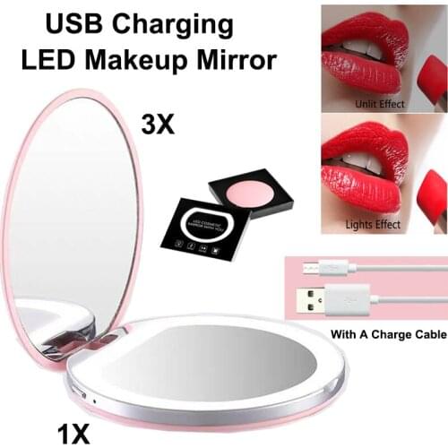 Small Round USB Charging LED Makeup Mirror with Light Magnifying Decorative Compact Mini Pocket Mirrors for Makeup Cosmetic Tool