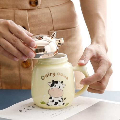 Cartoon cute budding cow ceramic cup color glaze mirror mug student water cup mugs coffee cups