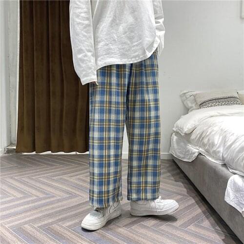 #5026Blue Black Plaid Pants Men Korean Streetwear Fashion Preppy Style Spring Autumn Wide Leg Pant Straight Casual Loose Joggers