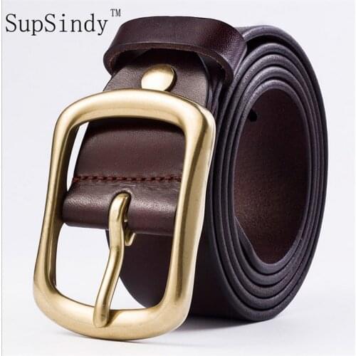 SupSindy men belt cowskin leather solid Copper Pin buckle belts for men Top quality Business Casual vintage Cowhide male strap