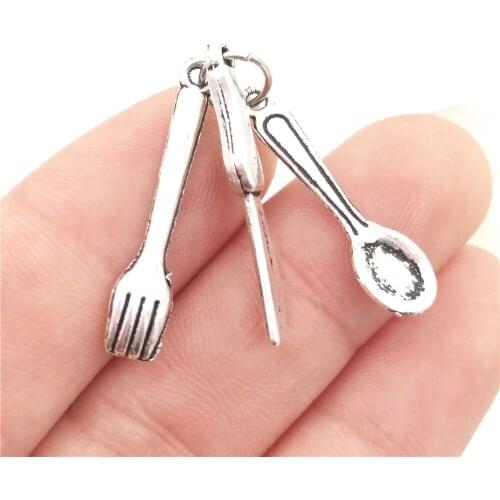 BULK 30 Zinc Alloy Tableware Set Spoon Fork Knife Charms Antique Silver Plated for DIY Bracelets Making 13*25mm 1.7g