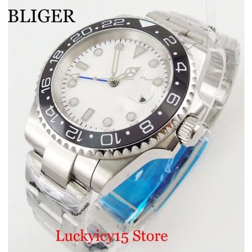 BLIGER Self Winding Wristwatch Sapphire Crystal Date Window White Dial GMT Function 40mm Men Watch Mental Bracelet