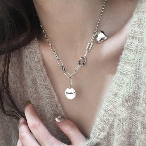 S925 Sterling Silver Necklace for Women Round Sweater Chain Love Shape Pendant Necklace Fashion Design Jewelry Hiphop