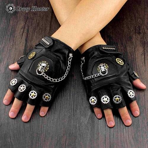 New Steampunk Skull Gears Mens Genuine Leather Fingerless Gloves