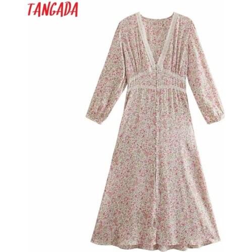 Tangada 2021 Women Lace Patchwork Flowers Print French Style Dress Puff Short Sleeve Ladies Dress 3H784
