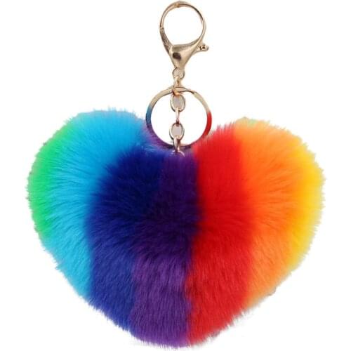 Rainbow Love Heart Fluffy Ball Keychain Car Key Ring Holder Bag Charm Ornament