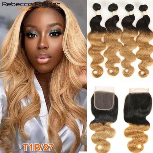 Rebecca Ombre Bundles With Closure Two Tone 1B/99J 1B/27 1B/30 Colors Brazilian Body Wave 3 Bundles With Closure