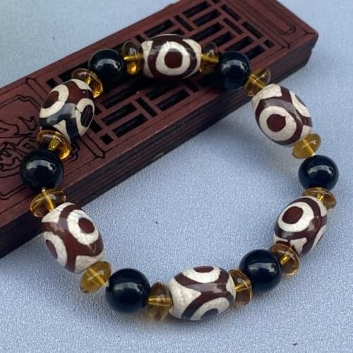 Retro Healing Natural Tibetan Dzi Agates Bracelets Buddha Prayer Nine-eyed Agates Charm Three Eyed Round Ball Strand Bracelets